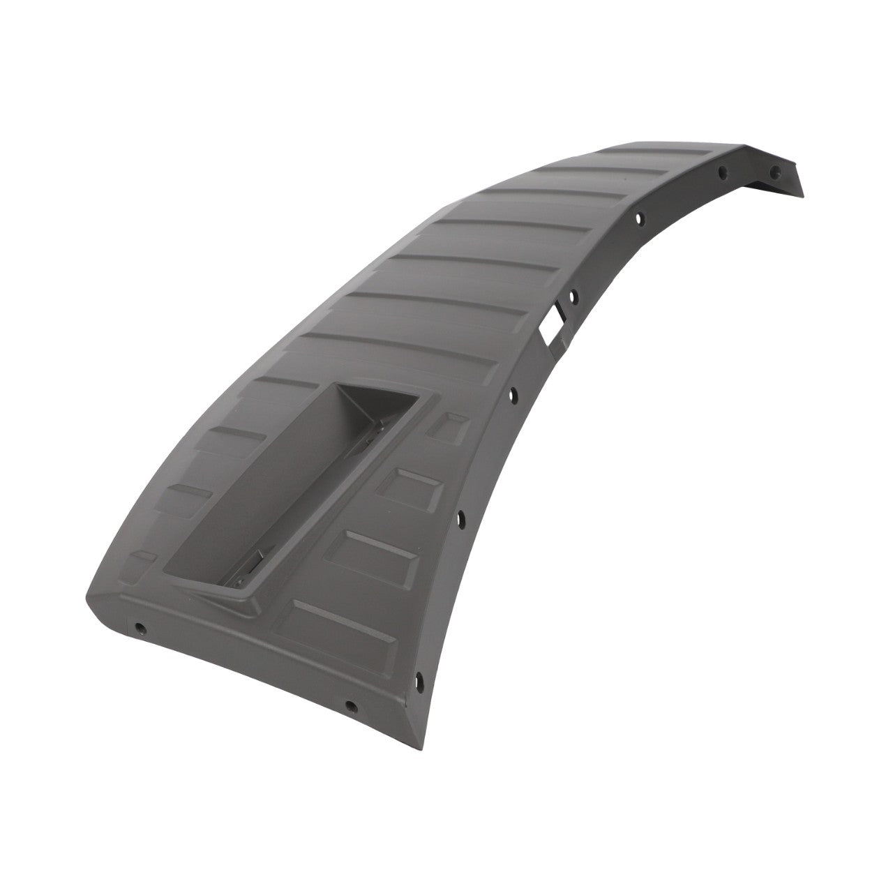 The AGCO Mudguard Cover - 737812600082, made from gray plastic and featuring multiple screw holes and a recessed section, is expertly designed to fit efficiently in models like the Fendt Vario S4.