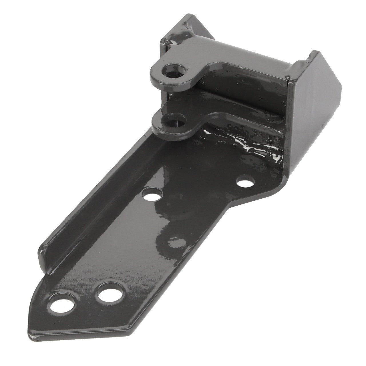 Introducing the AGCO | BRACKET - D46150518, a sleek black, metal bracket from AGCO. It features two holes on its flat end and a raised portion with two additional holes. Detailed product description for this item is currently unavailable.