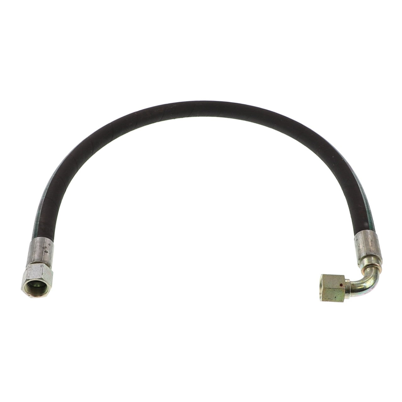 The AGCO HYDRAULIC HOSE - AL9030960 is a black flexible hydraulic hose featuring metallic connectors at both ends, with one connector being straight and the other at a right angle. No additional product description information is currently available.