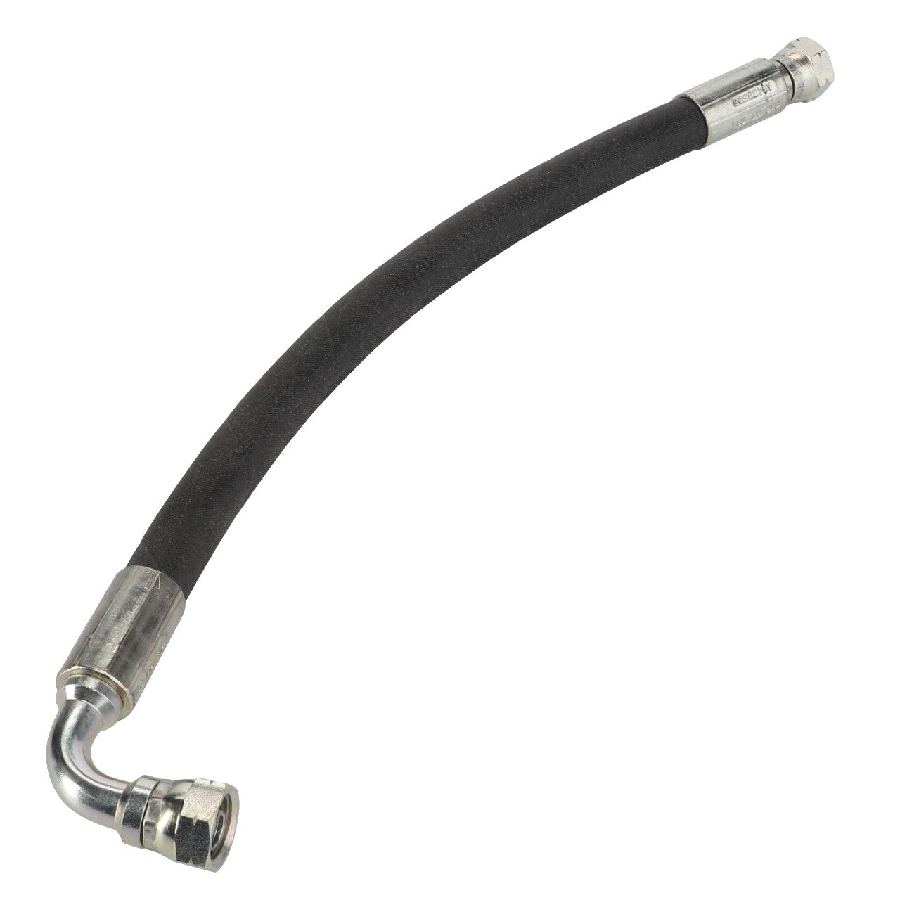 Description for AGCO | Hose - Acp0384540: This flexible hydraulic hose features metal fittings on both ends, with one end straight and the other curved. The hose itself is black with silver-colored connectors.