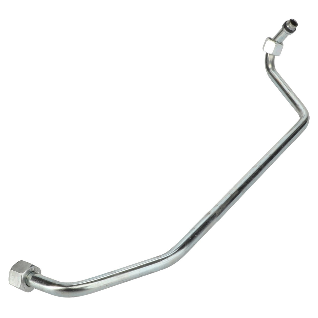 The AGCO Tube - Acw149931A is a bent metal pipe featuring threaded connectors on both ends, commonly used in automotive or mechanical applications.