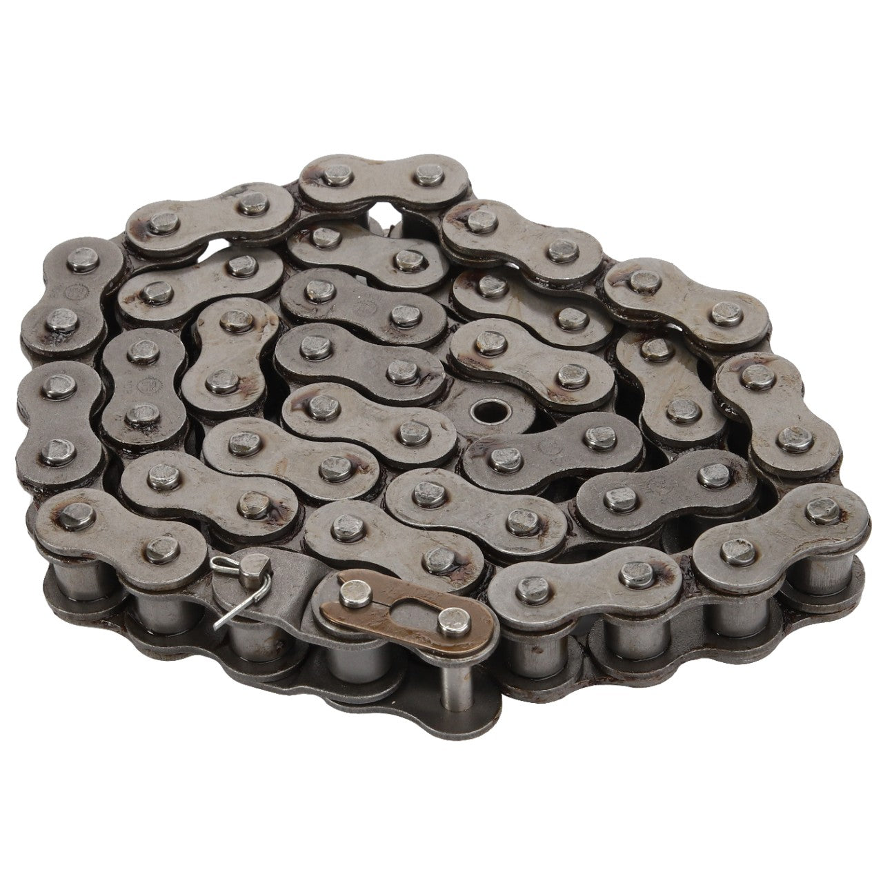 A coiled AGCO metal bike chain, product code D42326100, features interlinked segments and a master link for easy attachment and detachment. The absence of current product description information adds to the mystery of its efficient design.