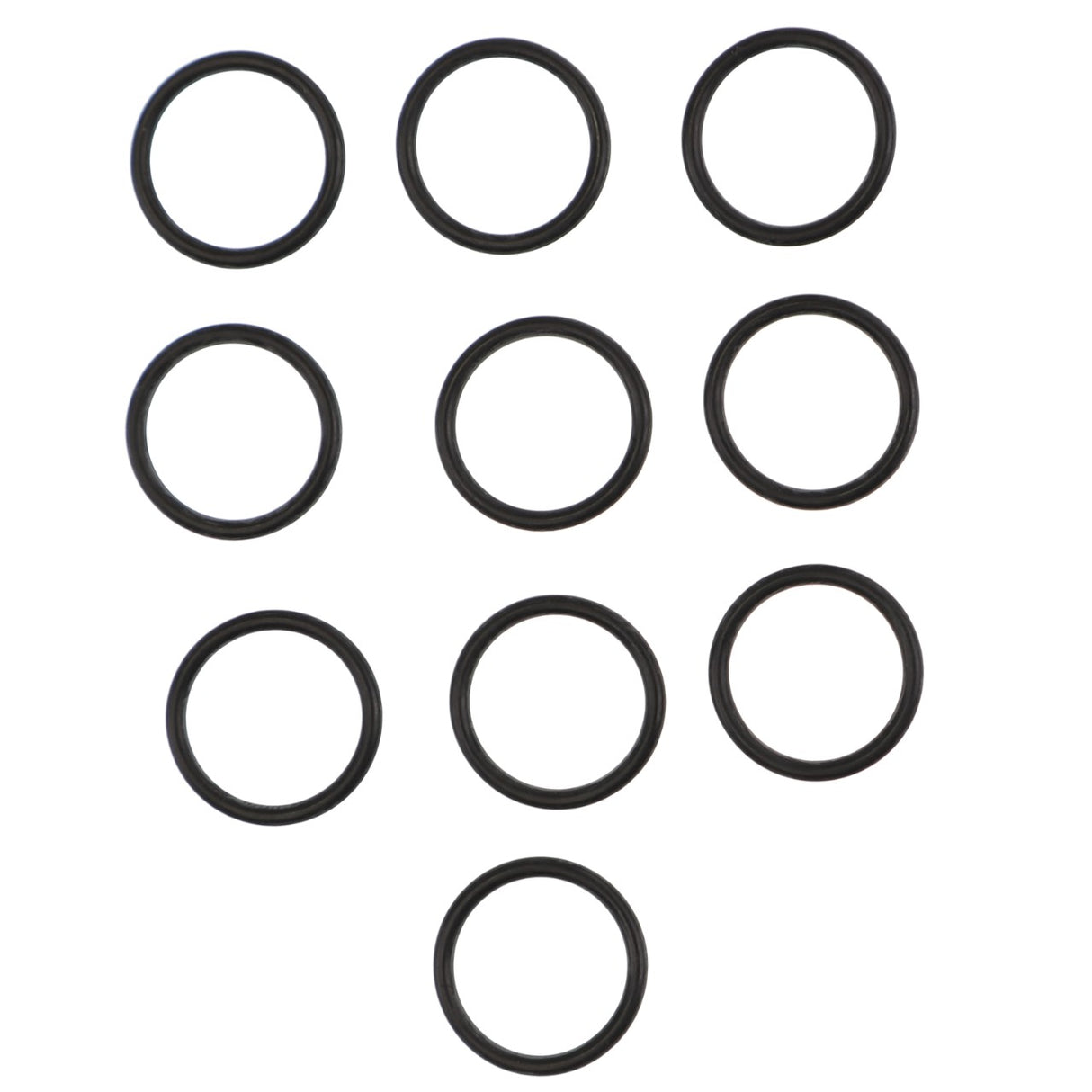 Ten black rubber O-rings are arranged in a triangular pattern on a white background. These O-rings are part of the AGCO | O-RING KIT - AL4500385 by AGCO.