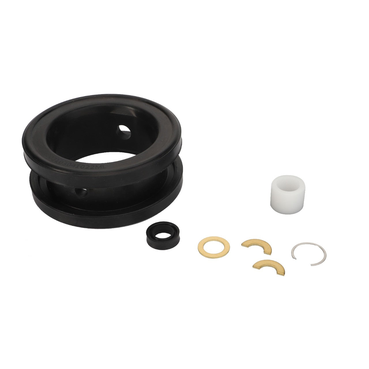 The AGCO | REPAIR KIT - AG717132, by AGCO, neatly arranged on a white background, includes a large black ring, a smaller black ring, a plastic cylinder, a metal clip, and various washers.