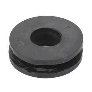 The AGCO Grommet - 6243575M1, a round black rubber component commonly used in Fendt and Massey Ferguson models, features a central hole and is displayed on a white background.