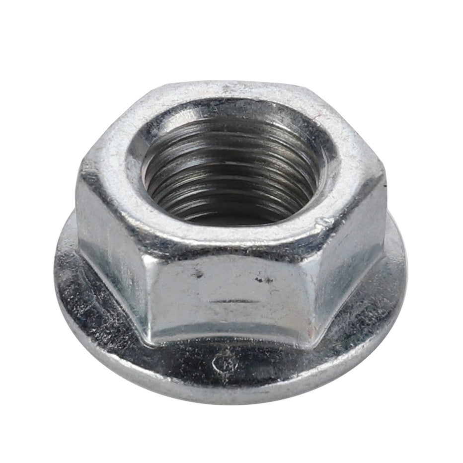 A close-up view of the AGCO | HEX FLANGE NUT - AG518511 by AGCO showcases its precise design with internal threading, though the product description lacks sufficient information to identify relevant SEO keywords.