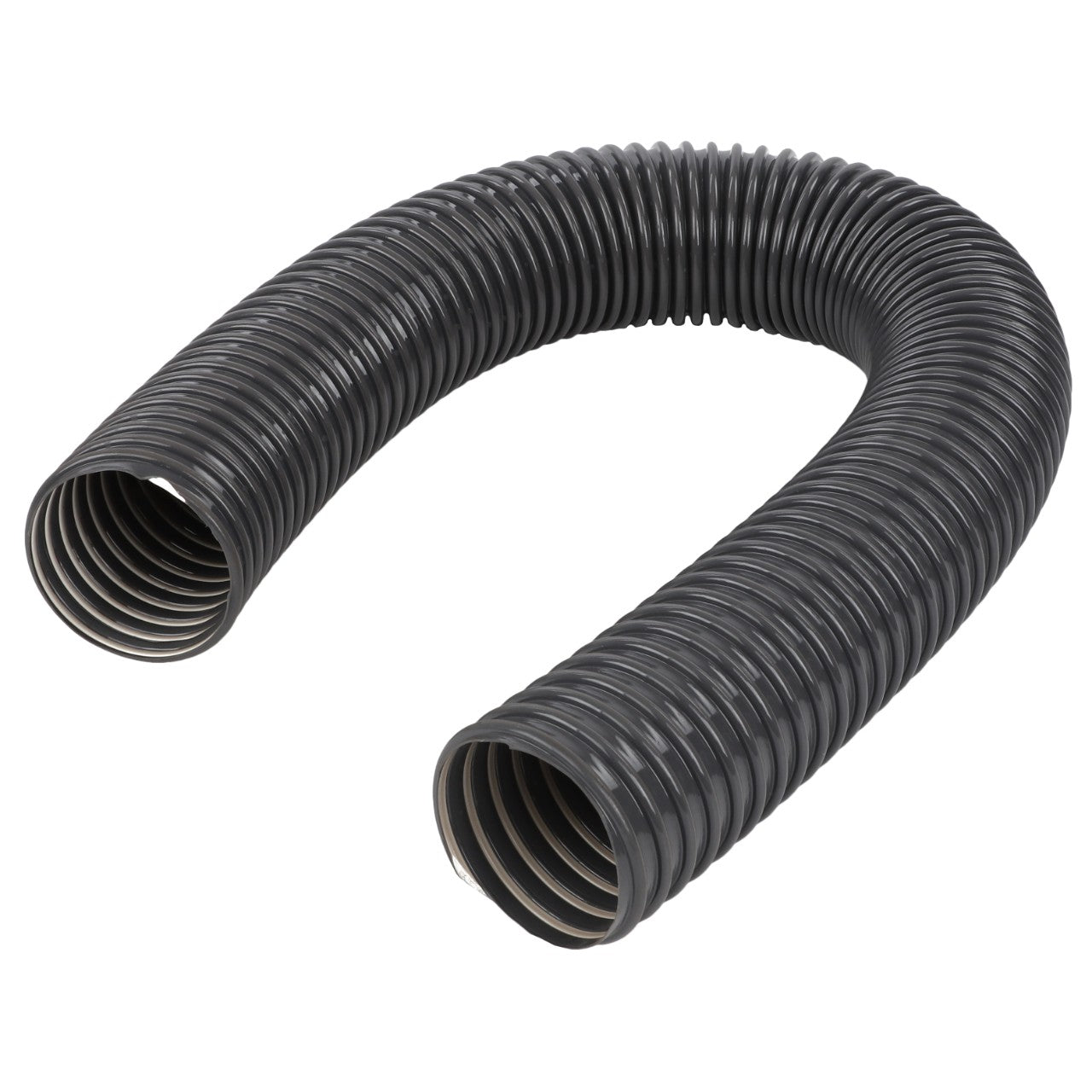 Product Description: The AGCO Aspirator Hose - Acw0644300 is a flexible black corrugated hose, bent into a U shape with a ribbed texture and open ends.