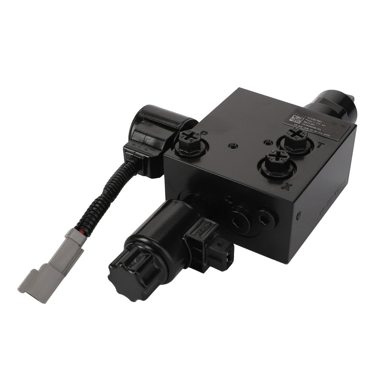 The AGCO | Valve - Acx283788A is a black hydraulic valve block with multiple ports and intricately attached wiring.