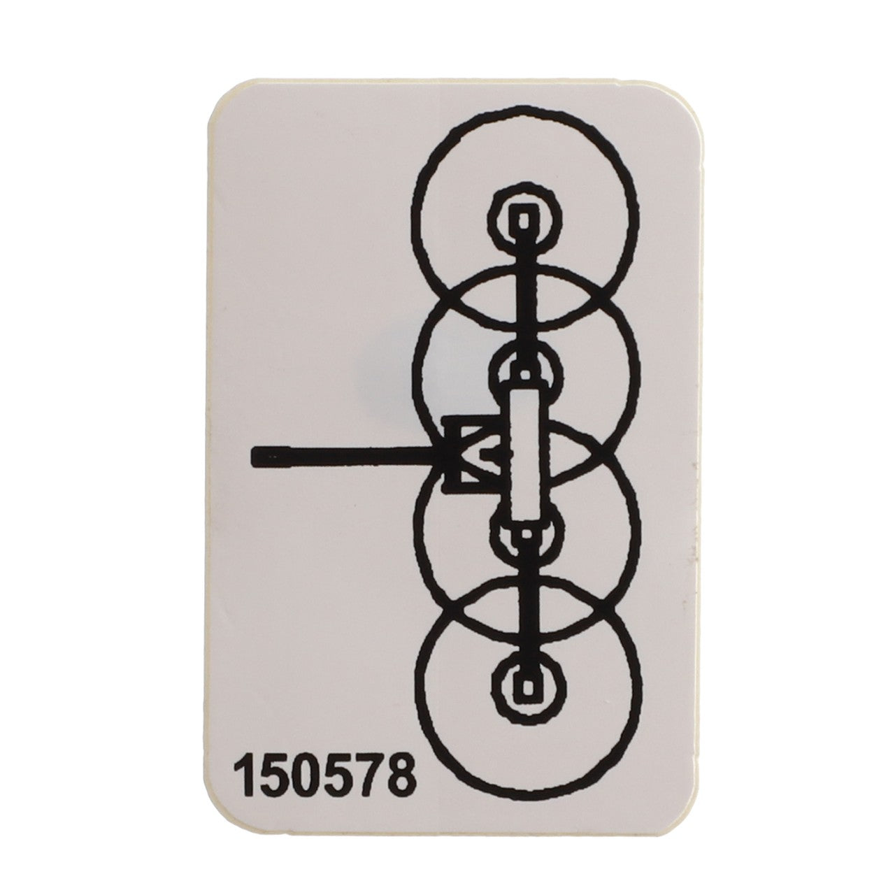 A white card featuring a black line drawing of gears and wheels in a linear arrangement, printed with the number "150578" at the bottom. This item is known as the AGCO Decal - Fel150578 from the brand AGCO. No current product description available.