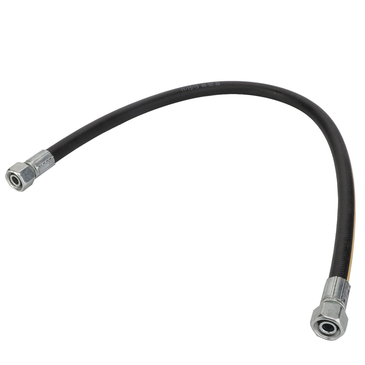 The AGCO | HYDRAULIC HOSE - D45130074 by AGCO is a black, flexible hose equipped with metal fittings on both ends, designed primarily for fluid transfer or hydraulic applications. Specific product description details are currently unavailable.