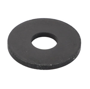 A flat, round, black metal washer with a central hole, viewed from an angle, identified as the AGCO Flat Washer - Acx2444270 by the brand AGCO.