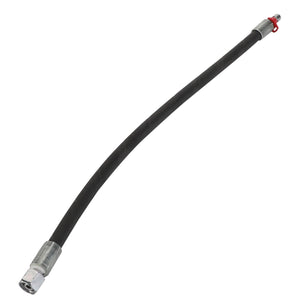 The AGCO | Hydr. Hose - Acw3067450 is a flexible black hydraulic hose equipped with metal connectors on both ends, including one connector featuring a red ring for secure attachment. There is currently no additional product description information available.