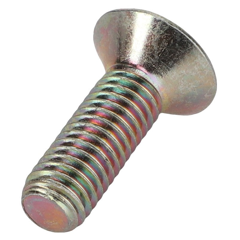 The AGCO Countersunk Capscrew - Fel116318, a metallic flat head screw with a multi-colored sheen, is shown against a white background. This product features a tapered top and threaded body.