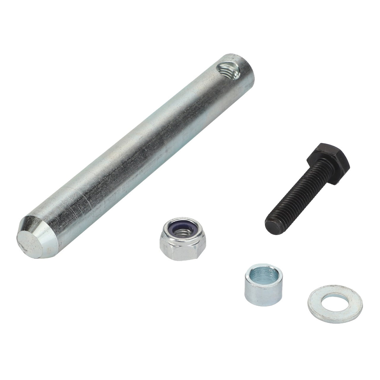 Displayed on a white background are components from the AGCO | PIN KIT - AL4500859, including a cylindrical metal rod, a black hex bolt, a hex nut, a smaller metal sleeve, and a flat washer. No current product description information is available.