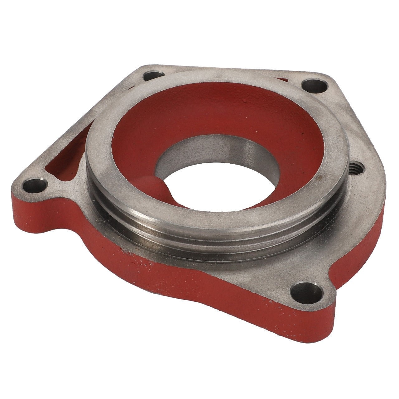 The AGCO Intermediate Flange - F119200211220, finished with a red coating, features a central circular opening and three bolt holes, making it ideal for diverse applications.