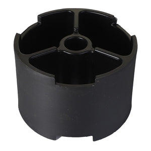 The AGCO | SPACER - ACP0131820 by AGCO is a black plastic cylindrical object featuring four inner compartments and a central hole, ideal for organizing small items. For ordering or additional information, please contact our support team.