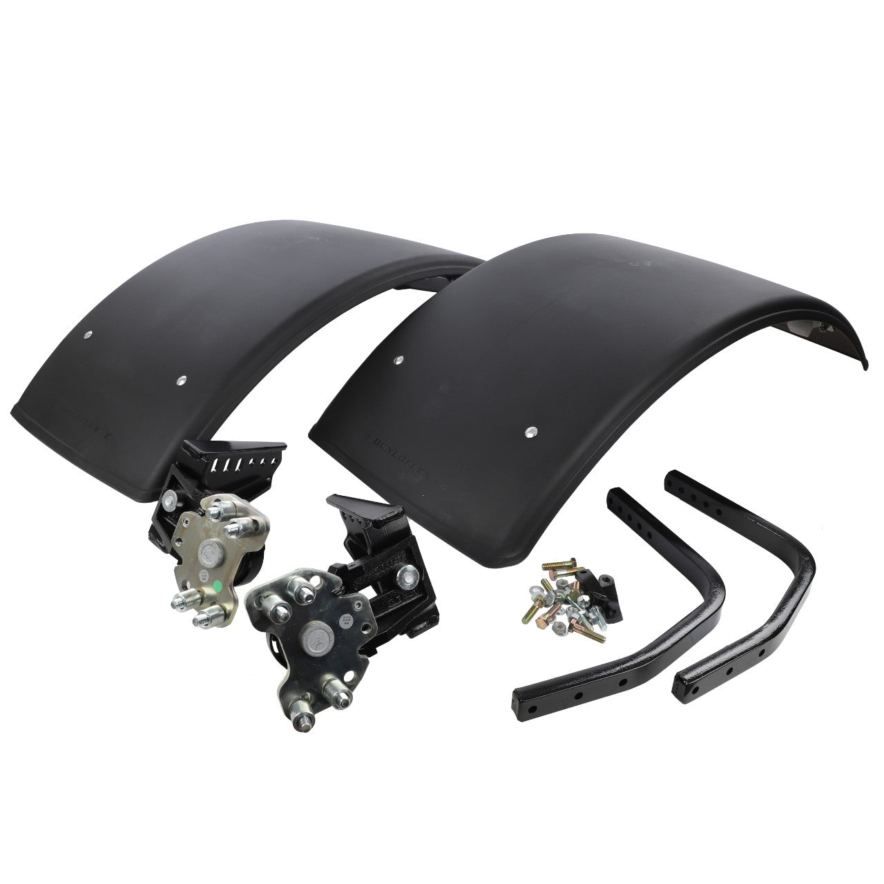 The AGCO Front Mudguard Kit - Acw090161A, featuring two black fenders, mounting brackets, and hardware components for installation, is displayed on a white background. Please note that no current product description information is available.