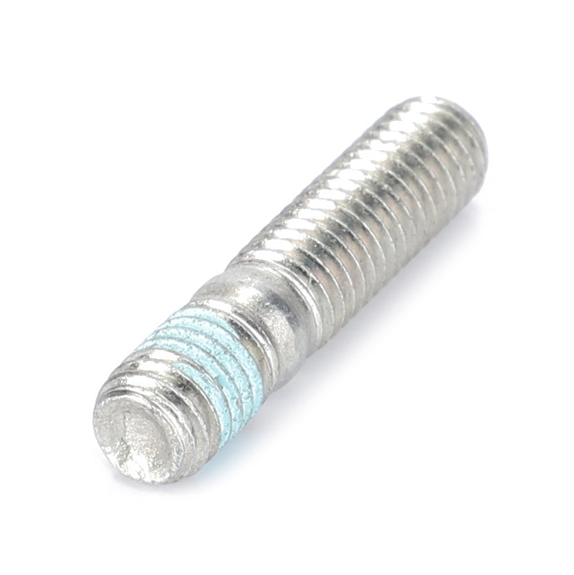 The AGCO Stud Bolt - 1476286M1 is a metal screw with partial threading, featuring a blue marking near one end, designed for use in Fendt models.