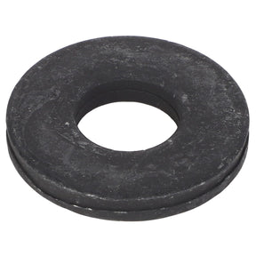The AGCO FLAT WASHER - AG521690 is a round, flat black rubber washer featuring a central hole, displayed against a white background. Currently, no additional product description information is available.