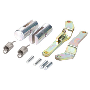 A set of AGCO metallic automotive linkage components, including brackets, springs, pins, and cylindrical parts, featuring the AGCO Locking Bolt, Automatic Clevis and Trailer Hitch - F416500070160 on a white background.