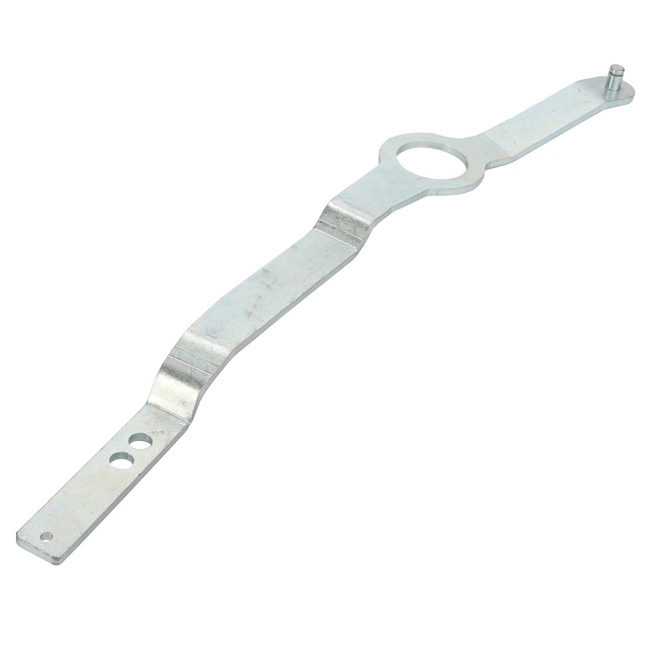 The AGCO Lever (Acp0335700) from AGCO features a metal strap design with a circular opening in the center, two holes on one end, and a small pin on the other. No additional product description is available beyond these specifications.