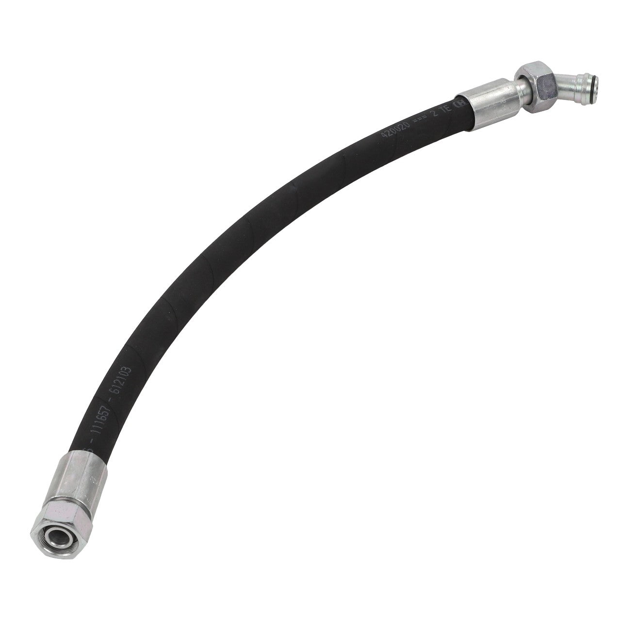 The AGCO Hydr. Hose - Acw1272320 is a flexible black hydraulic hose equipped with metal connectors on both ends, brought to you by the AGCO brand.