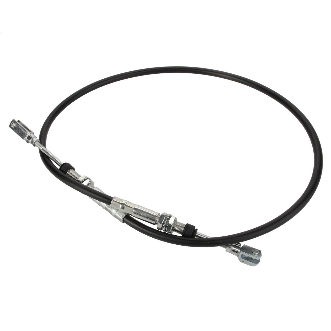 The AGCO | Cable - Acw033668A, a black hydraulic brake cable with metal threaded ends, lies coiled on a white background.