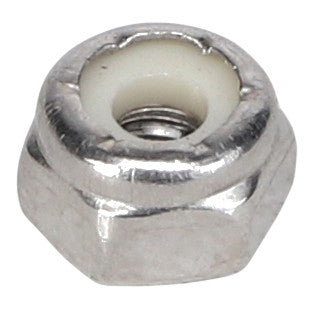 Product Description: The AGCO | Hex Locknut - Ag027274 is a close-up view of a hexagonal nut featuring a white nylon insert, commonly known as a nylon-insert lock nut or nyloc nut.