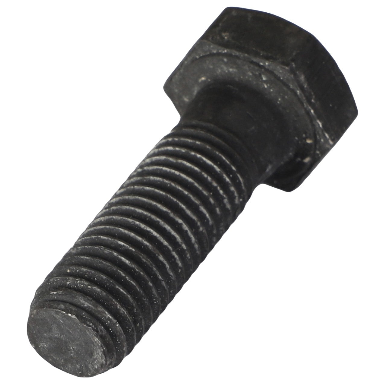 A close-up of the AGCO | Hexagonal Head Bolt - 3010025X1, featuring a sturdy black finish and threaded shank, set against a pristine white background.