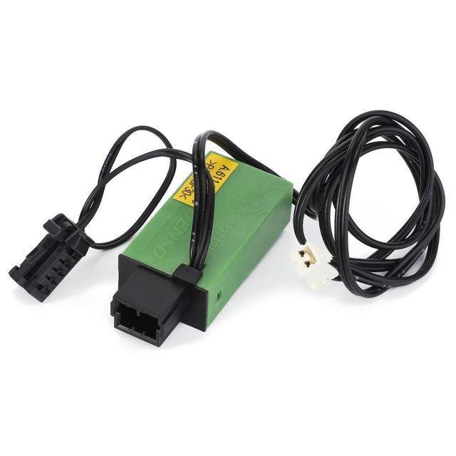 A green electronic module with black cables and connectors attached to it, the AGCO Thermostat - Acw019814B is compatible with Dyna-6 Massey Ferguson models.