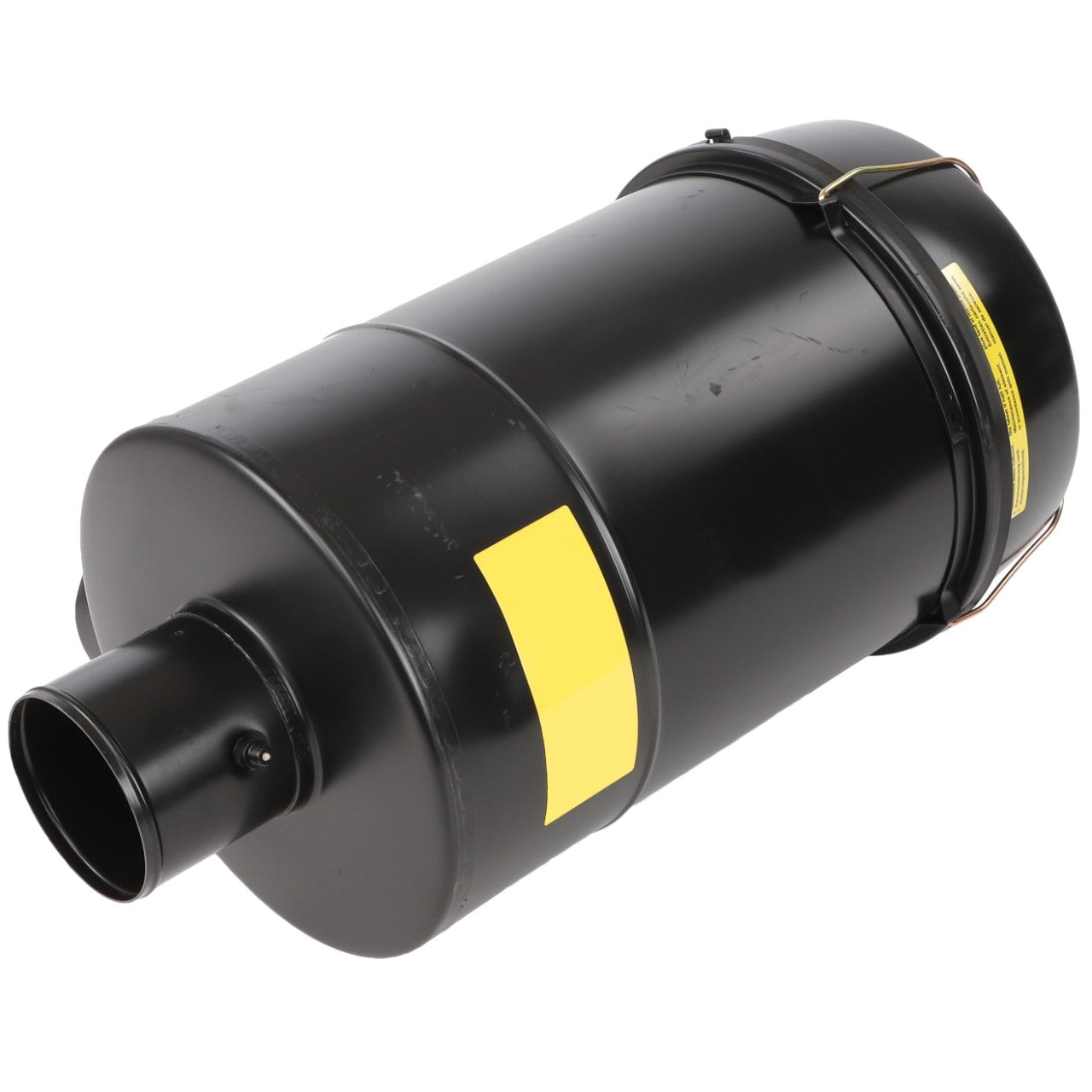 An AGCO AIR FILTER - D46482800, cylindrical in shape and black in color, with a yellow label on one side and a metal clamp around one end, featuring a single inlet and outlet.