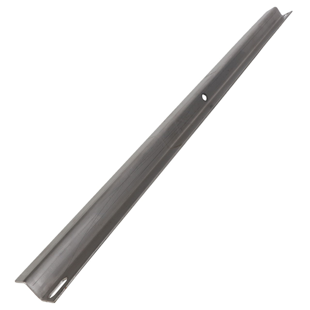 Product Description: The AGCO HOLDER - AG133647 is a long, thin, metallic bar featuring a central hole and small slots at both ends. It appears to serve as a structural component or mounting bracket, though its exact use is unspecified.