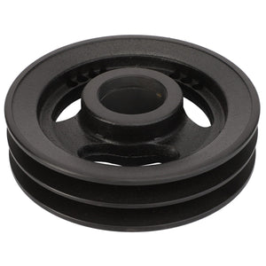 The AGCO | PULLEY - D28480822 is a black metal pulley that features a central hole and two grooves for belts, making it ideal for mechanical and industrial applications. No current product description information is available.