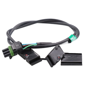 The AGCO Sender - Acx3025830 is a coiled black cable featuring multiple wires connected to three distinct black plastic connectors, with one connector highlighted by a green seal. Additionally, the cable has a green label with text attached to it. Currently, no further product description information is available.