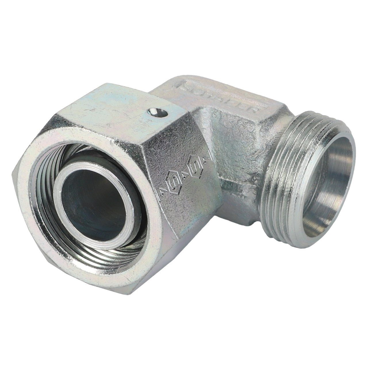 The AGCO Swivel Elbow Fitting - Acw1755130 is a metallic connector designed with internal threading on one end and external threading on the other, perfect for connecting two pipes at a 90-degree angle.