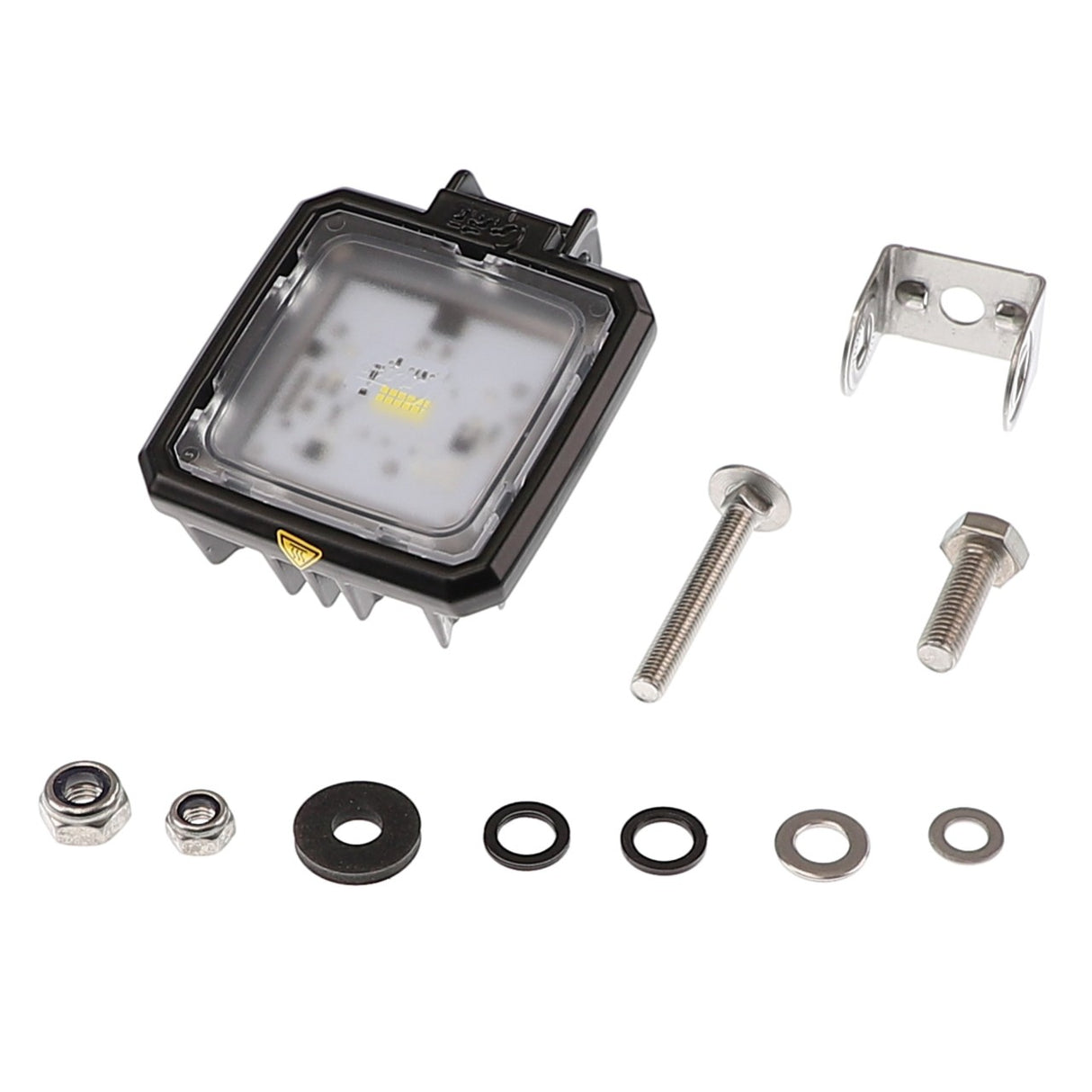 A small LED light fixture named AGCO | Lamp - Acx2986140, complete with a mounting bracket, screws, nuts, washers, and rubber gaskets arranged in front of it for easy assembly by AGCO. No current product description information available at this time.