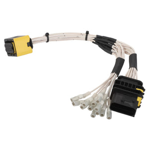 Product: AGCO | Harness - Act0025540 by AGCO, featuring multiple white wires, connectors at both ends, and black and yellow protective housings. No current product description available.