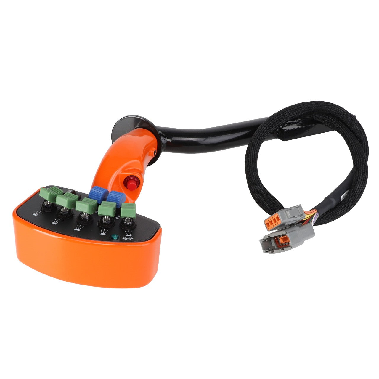 The AGCO | GRIP - AG424068 joystick controller features a sleek black handle, a vibrant orange base, multicolored buttons, and a coiled wire with connectors attached.