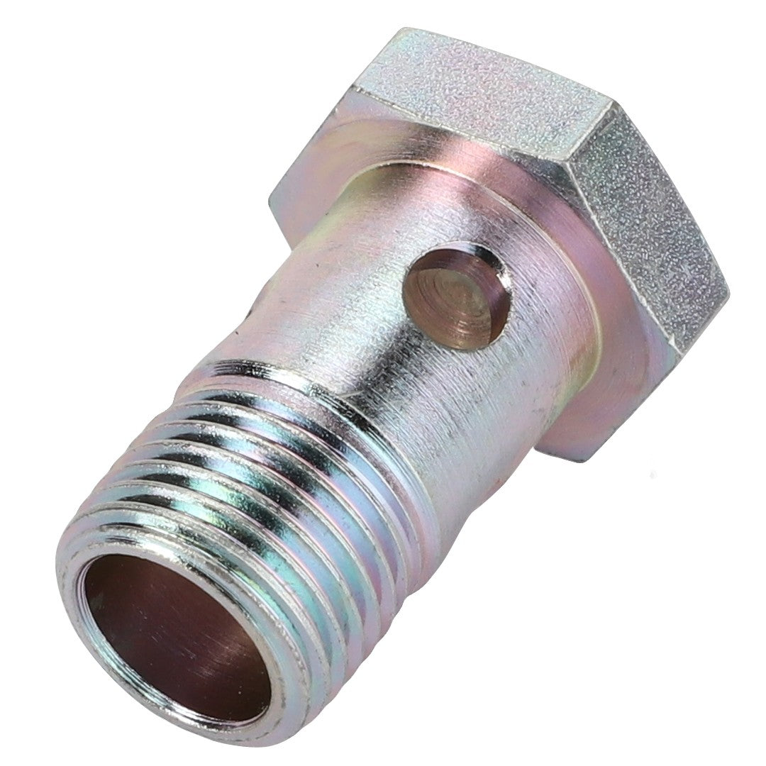 The AGCO Banjo Bolt - 3799393M2 by AGCO is a metallic hex bolt featuring a threaded body and a single hole drilled through the side, compatible with Massey Ferguson models.