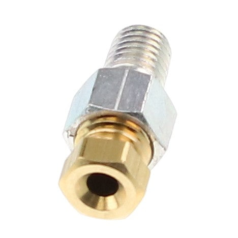 Close-up of an AGCO Connector - 517251M1, a brass and steel compression fitting with threaded ends, compatible with Valtra Models and Massey Ferguson tractors.