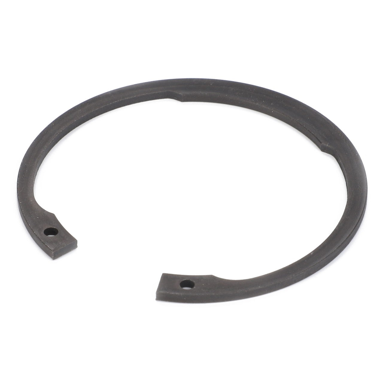 The AGCO Lock Washer - Fel108420 is a black circular retaining ring featuring two small holes on either end and a slight gap in the circle. No current product description available.