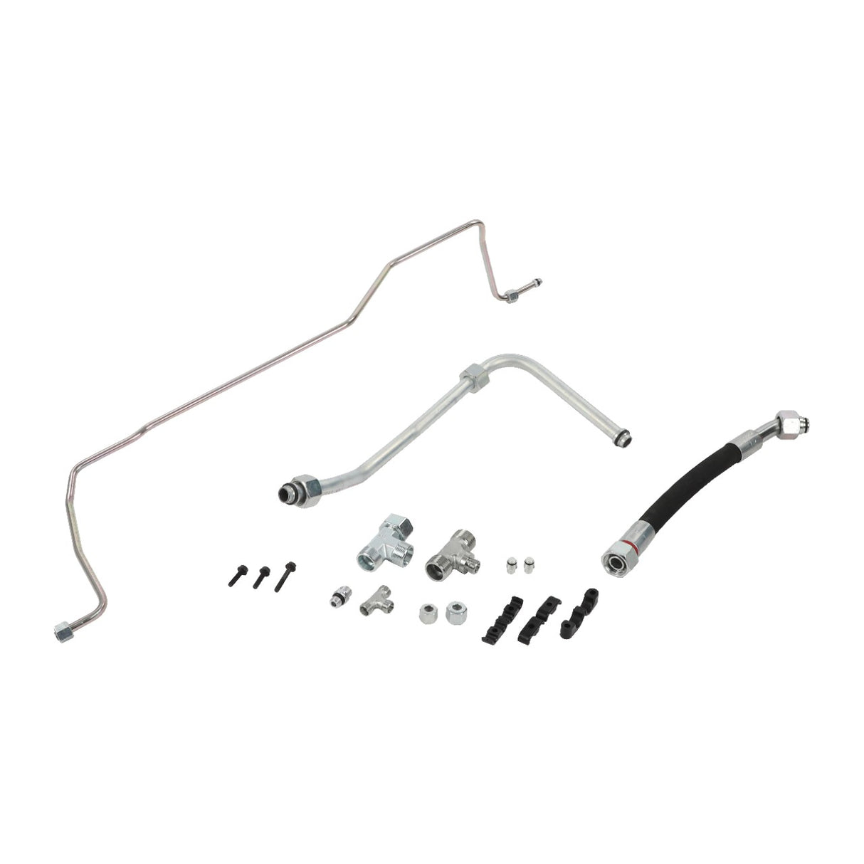 A meticulously arranged collection of automotive components, including metal pipes, a rubber hose, small connectors, and fasteners from the AGCO | Kit - Acp0620140 by AGCO, is displayed on a white background.