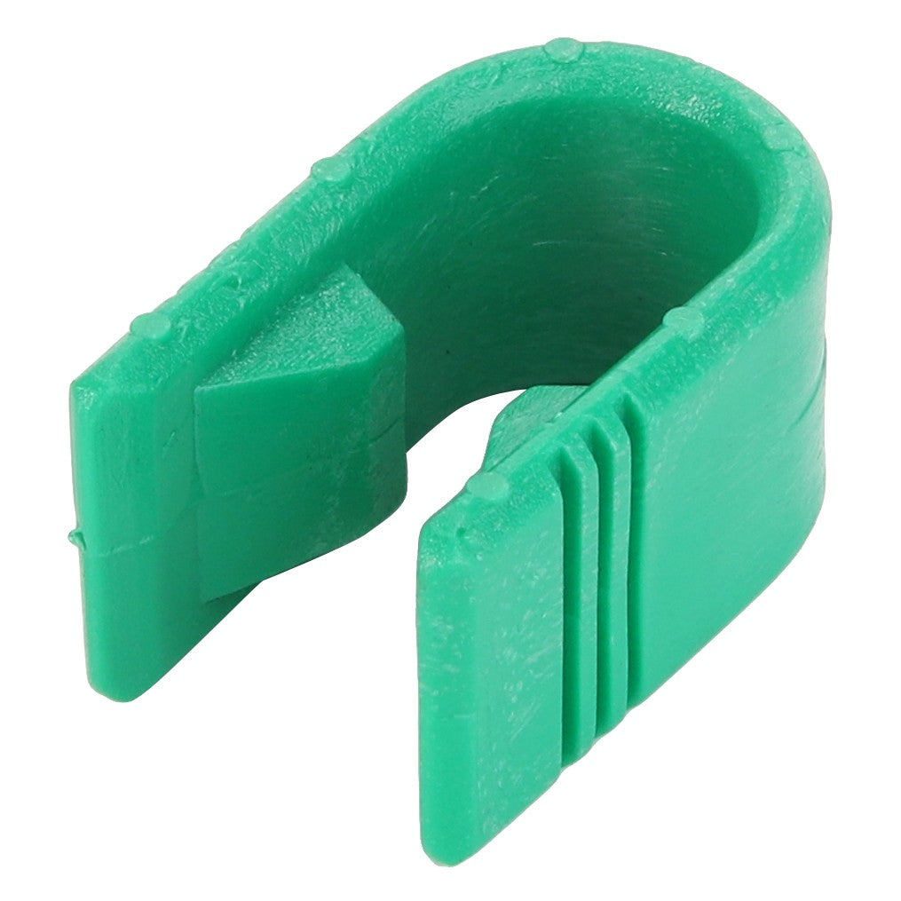 A green plastic AGCO clip, model CLIP - 0.008.8384.0, shaped like a horseshoe with two internal prongs. For any ordering questions, please contact support.