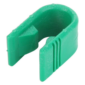 A green plastic AGCO clip, model CLIP - 0.008.8384.0, shaped like a horseshoe with two internal prongs. For any ordering questions, please contact support.