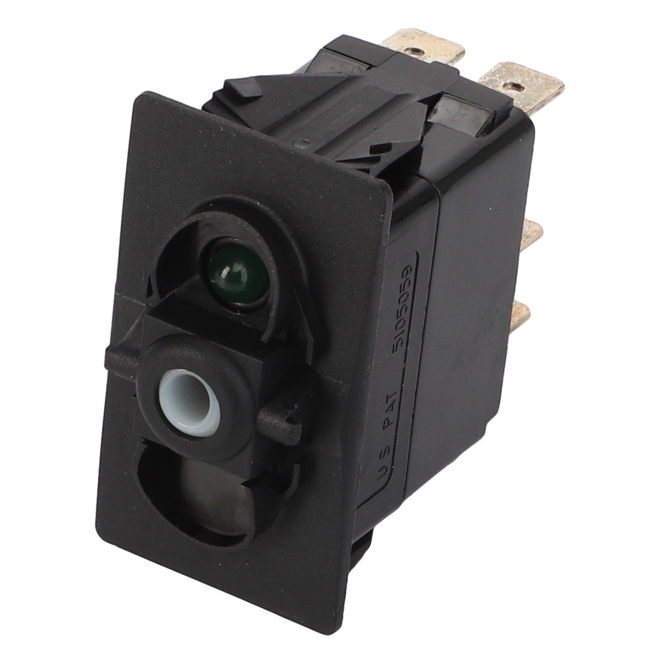 AGCO | SWITCH - D45050005 is a black rectangular rocker switch featuring four metal prongs and two circular openings, one green and one white.