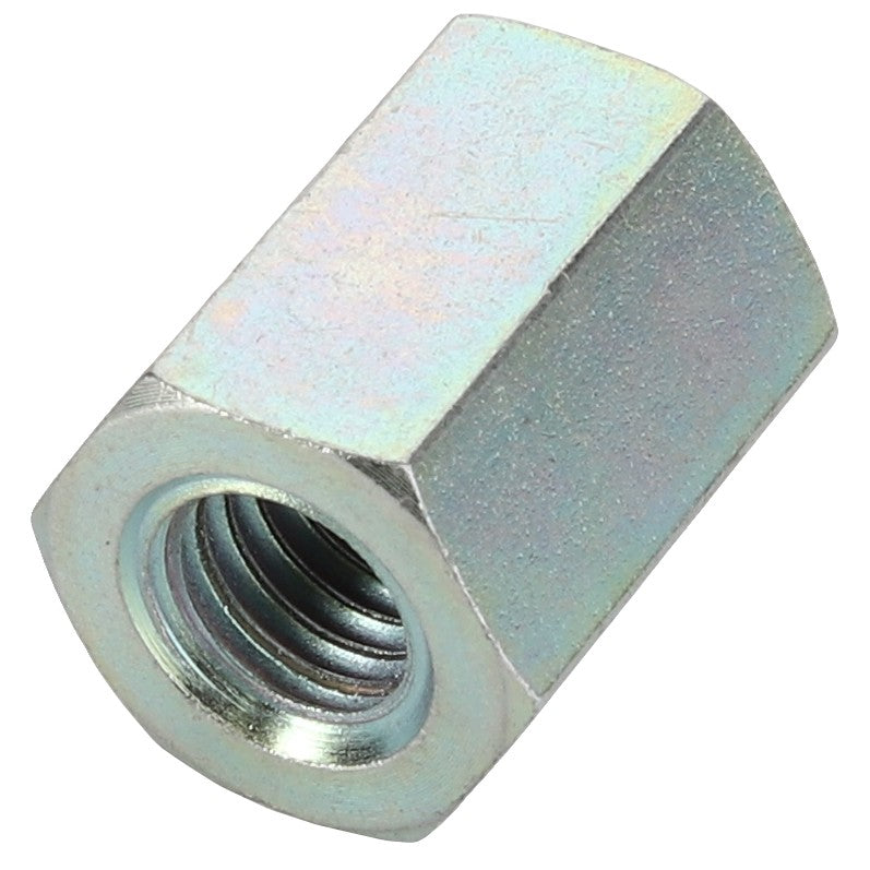 A close-up image of a reflective, steel-like hexagonal coupling nut with an interior threaded design. The product is identified as the AGCO Spacer Bushing - Acw3582380.