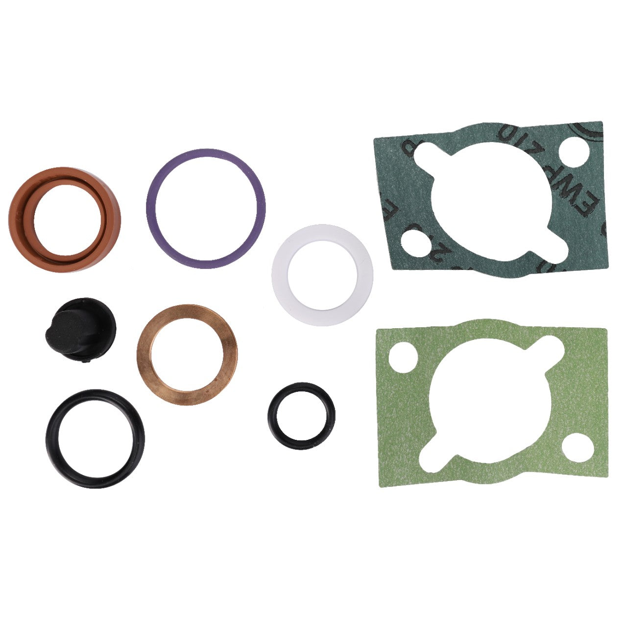 The AGCO Seal Kit - F294100610020, featuring a meticulously arranged assortment of gaskets and o-rings made from materials such as rubber, metal, and fiber, is displayed against a pristine white background.