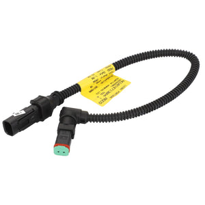 The AGCO Wire Harness Adapter - Acw0747130 is a black, coiled automotive wiring harness featuring connectors at each end and a yellow identification label for seamless integration and easy installation.