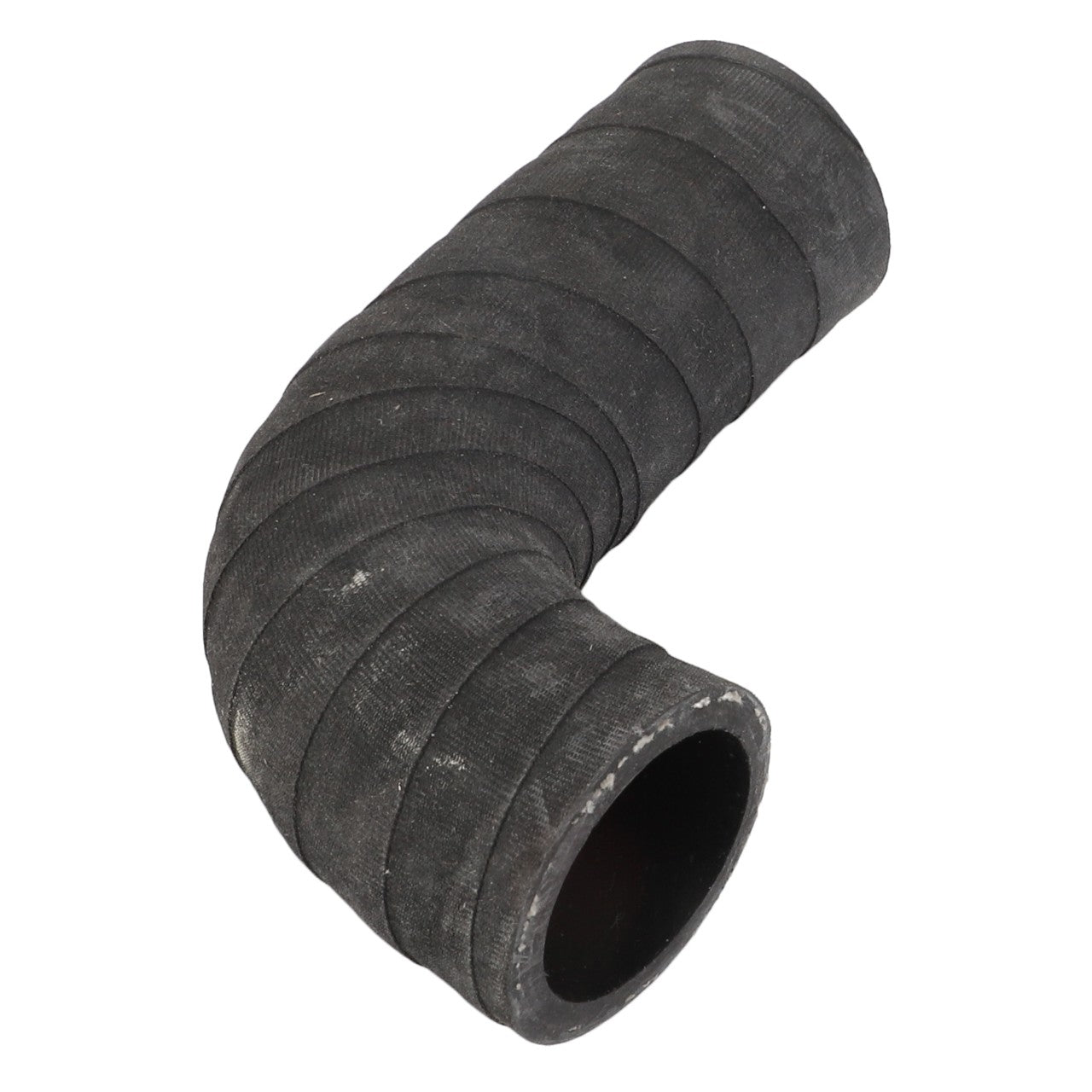 An AGCO Water Hose - Acp0199440, with a ribbed, curved design and both ends open, is showcased against a white background. This robust black rubber component currently lacks an official product description.