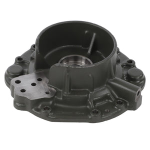 A close-up image of the AGCO Bearing Cap - 718100320010, a green automotive part featuring a circular opening and multiple bolt holes, showcasing its compatibility with Massey Ferguson Dyna-VT systems.